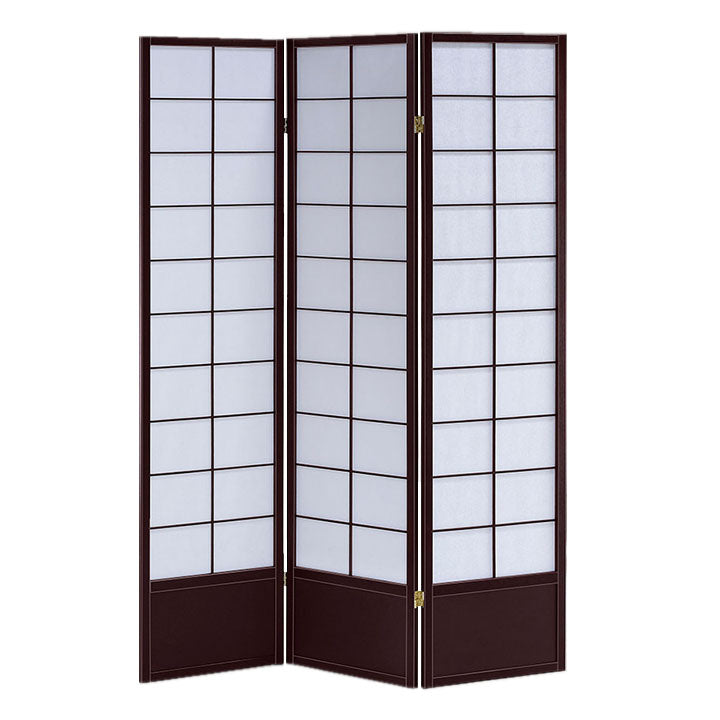 3 Panel Wooden Room Divider with Shoji Paper Inserts, White and Dark Brown