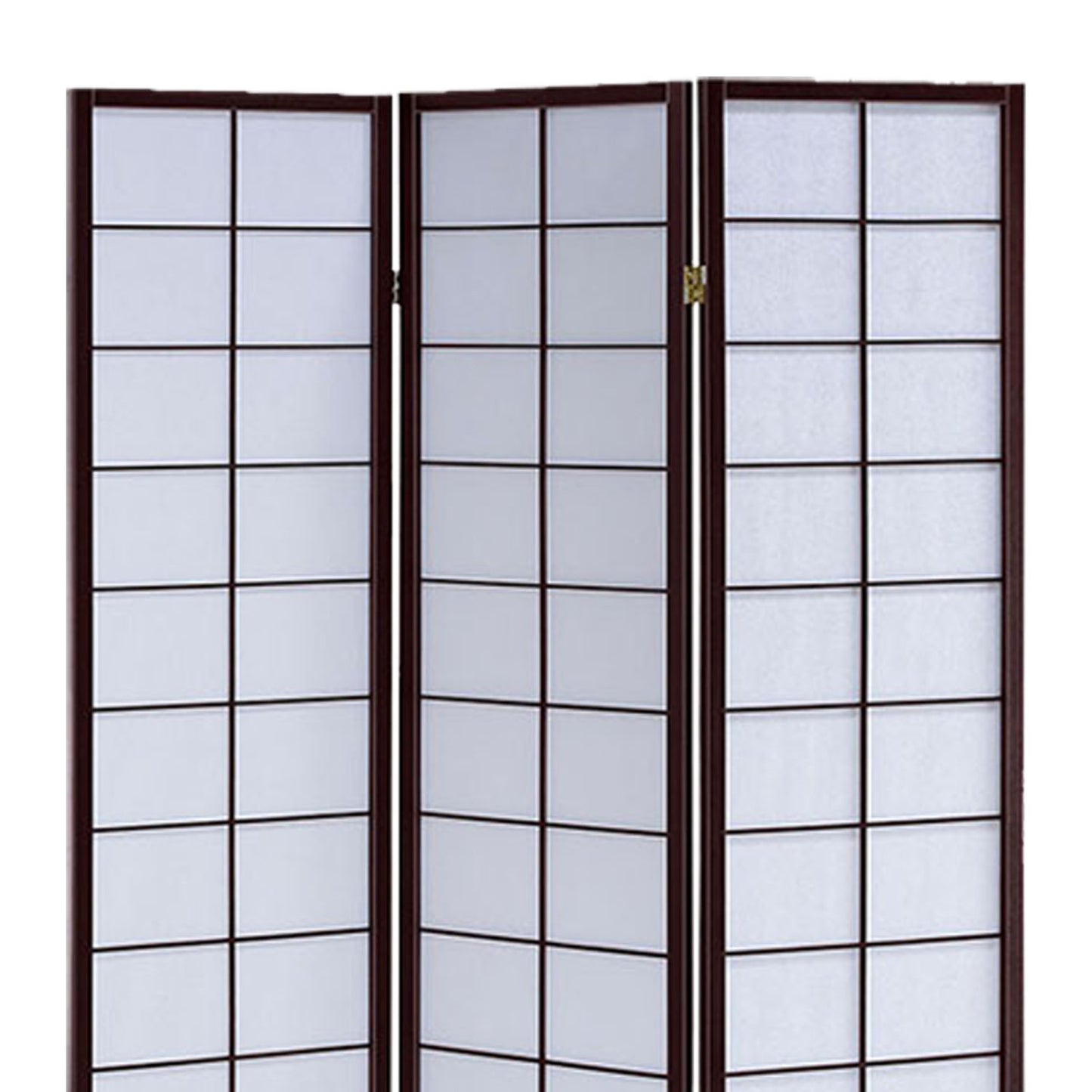 3 Panel Wooden Room Divider with Shoji Paper Inserts, White and Dark Brown