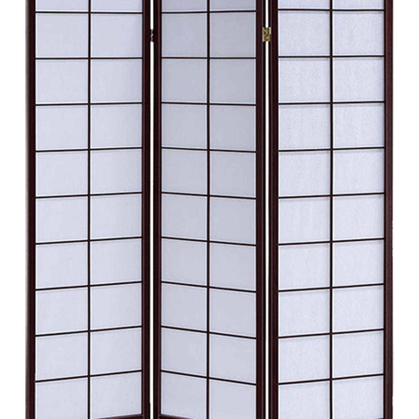 3 Panel Wooden Room Divider with Shoji Paper Inserts, White and Dark Brown