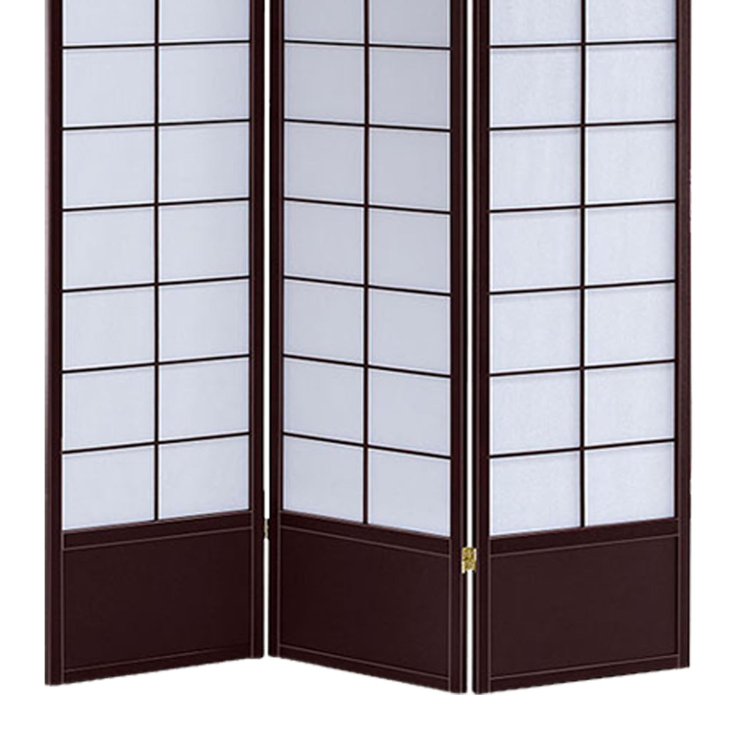 3 Panel Wooden Room Divider with Shoji Paper Inserts, White and Dark Brown