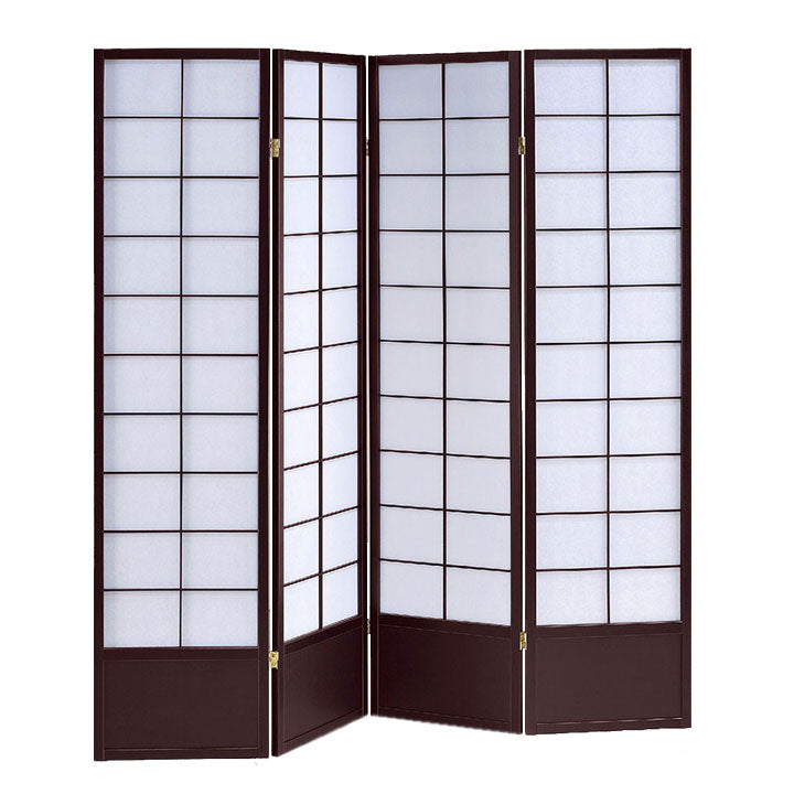 4 Panel Wooden Room Divider with Shoji Paper Inserts, White and Dark Brown