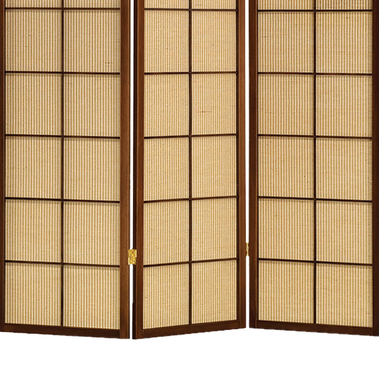 3 Panel Wooden Room Divider with Jute Inlays, Brown and Beige