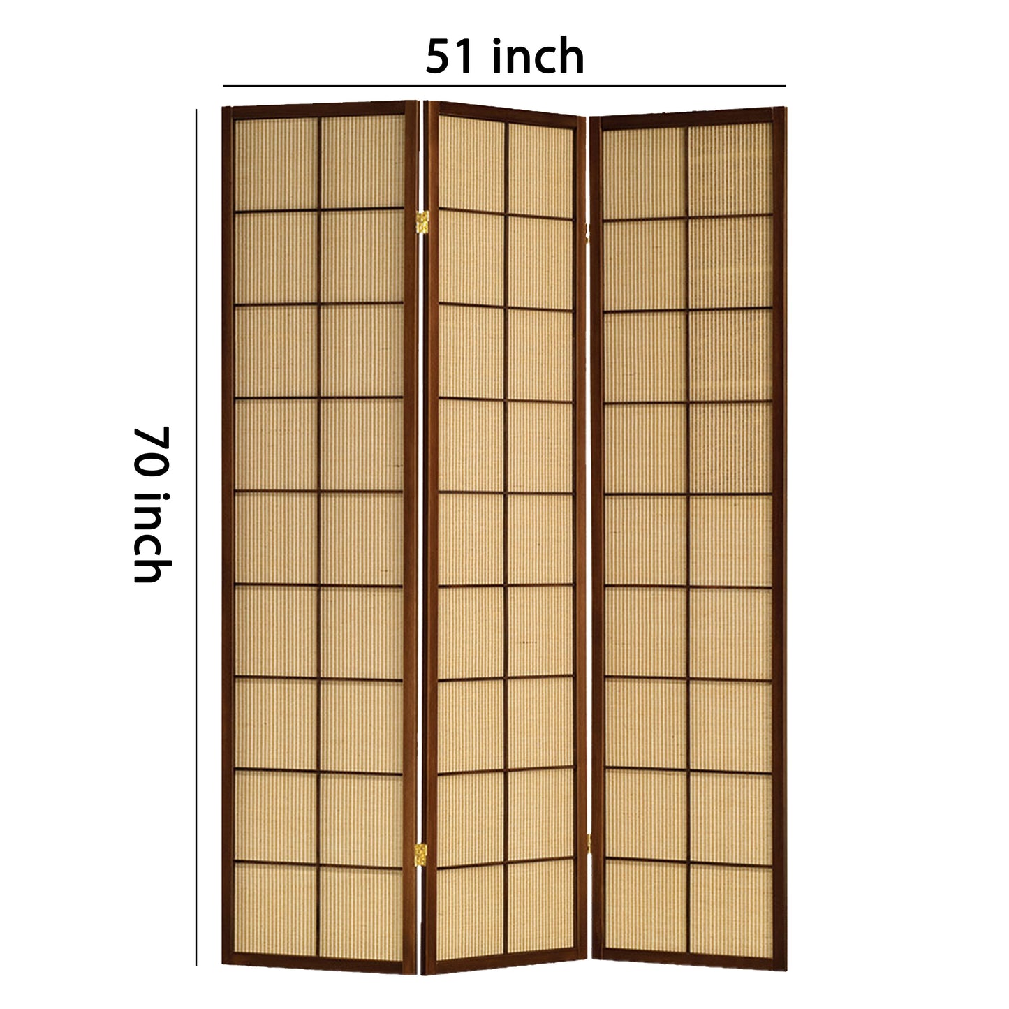 3 Panel Wooden Room Divider with Jute Inlays, Brown and Beige