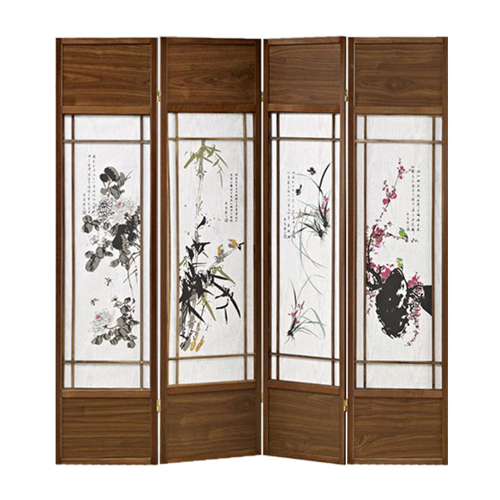 Asian Paintings 4 Panel Room Divider with Shoji Inserts, White and Brown