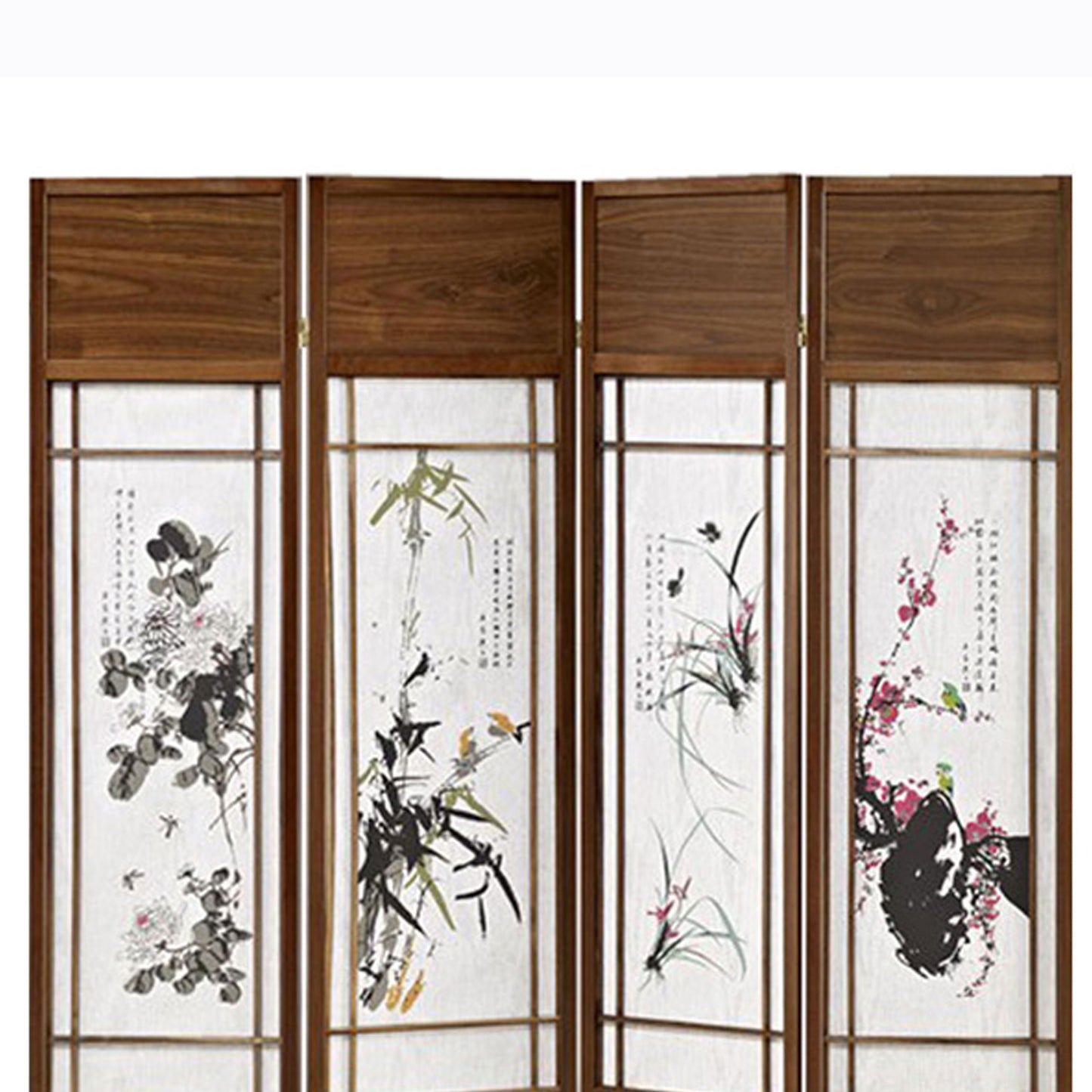 Asian Paintings 4 Panel Room Divider with Shoji Inserts, White and Brown