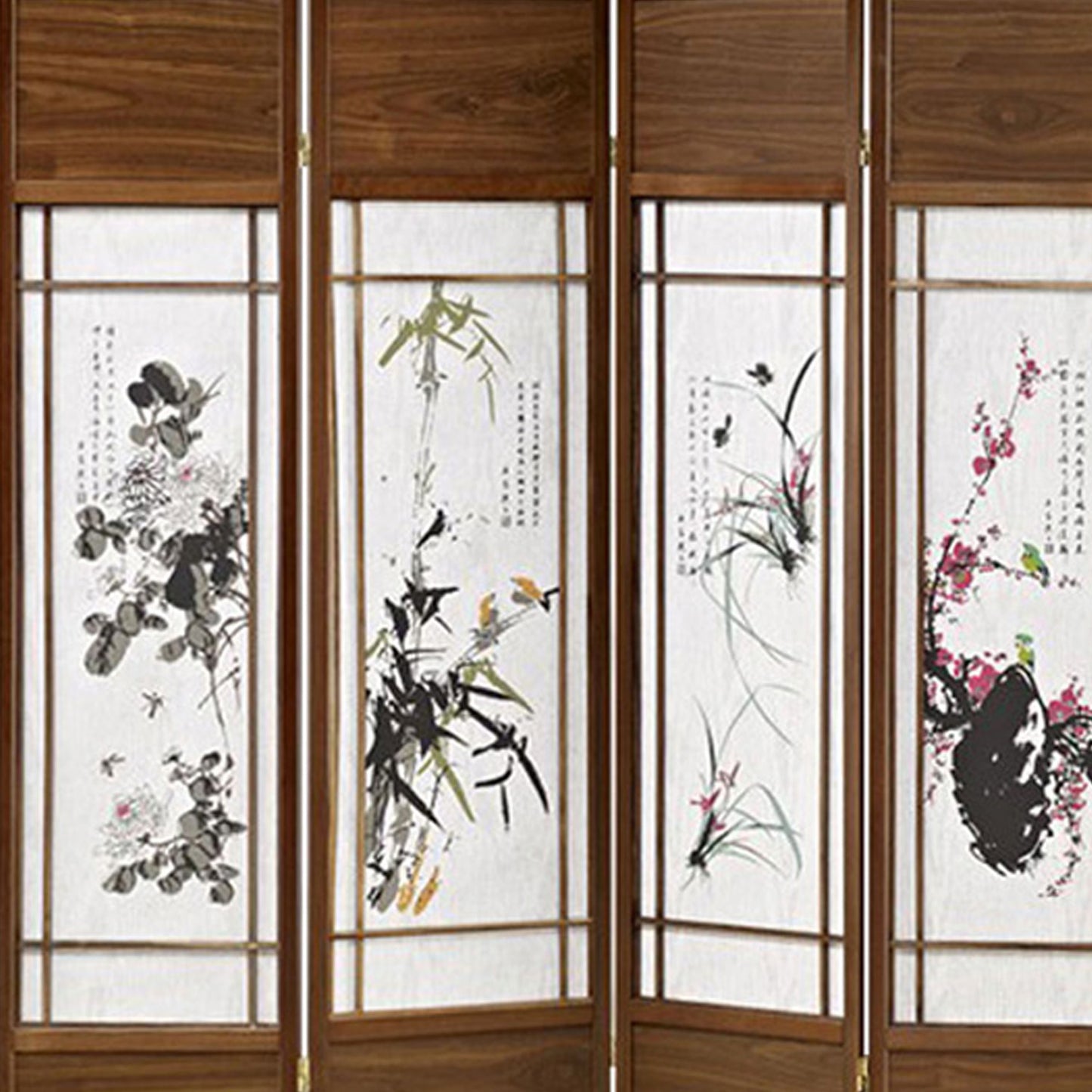 Asian Paintings 4 Panel Room Divider with Shoji Inserts, White and Brown
