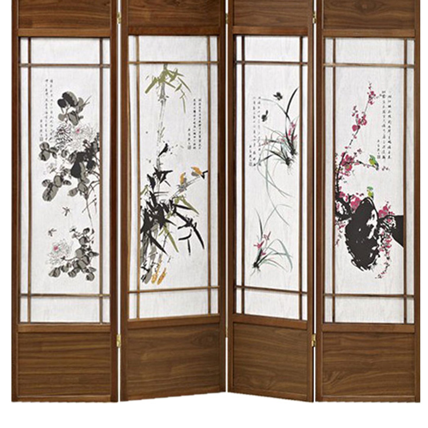 Asian Paintings 4 Panel Room Divider with Shoji Inserts, White and Brown