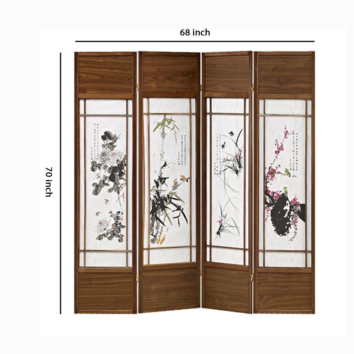 Asian Paintings 4 Panel Room Divider with Shoji Inserts, White and Brown