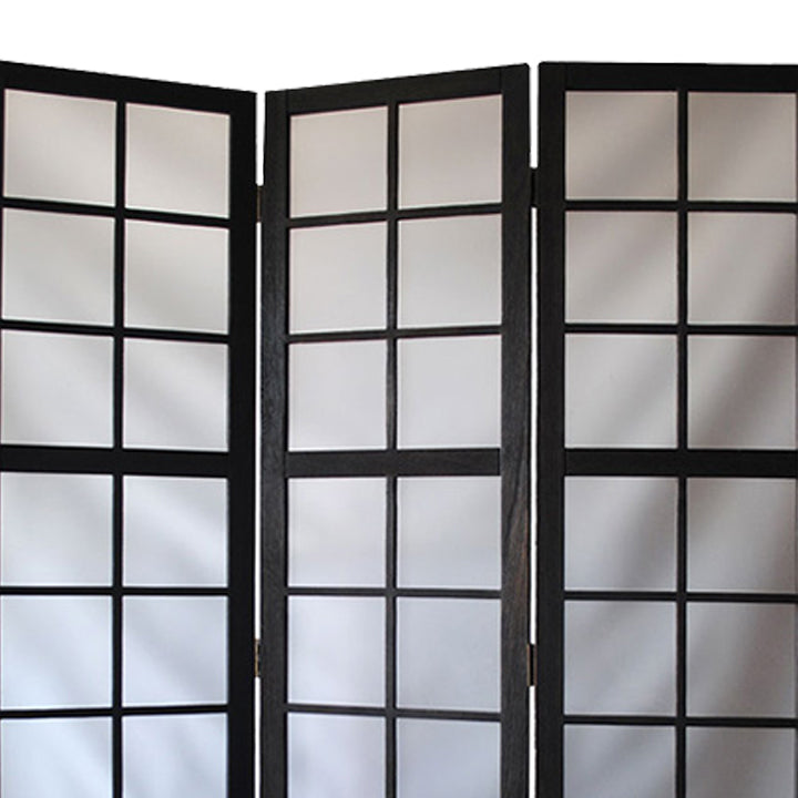 3 Panel Room Divider with Frosted Glass Like Plastic Inserts, Black and White