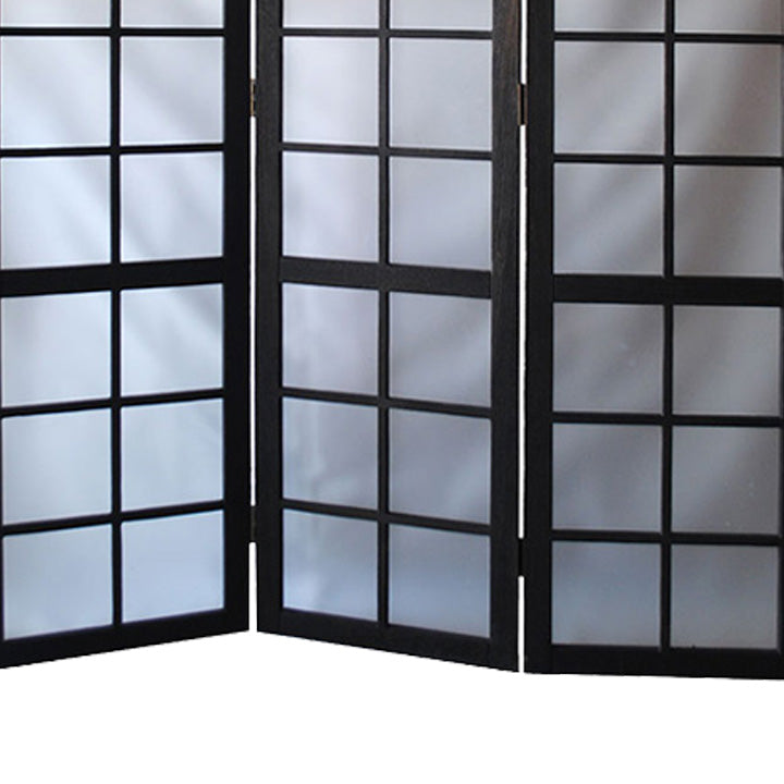 3 Panel Room Divider with Frosted Glass Like Plastic Inserts, Black and White