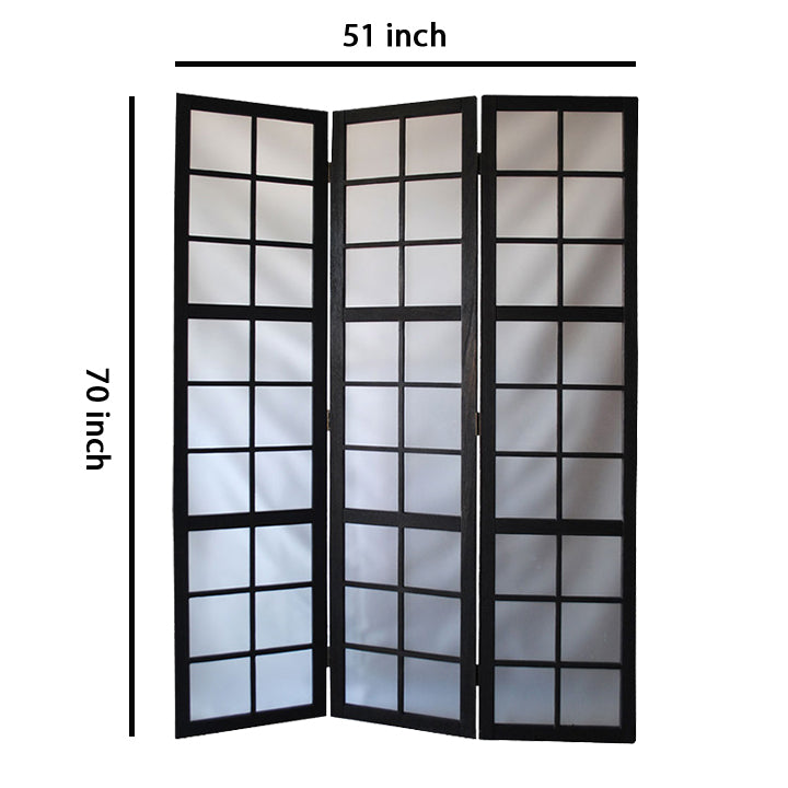 3 Panel Room Divider with Frosted Glass Like Plastic Inserts, Black and White