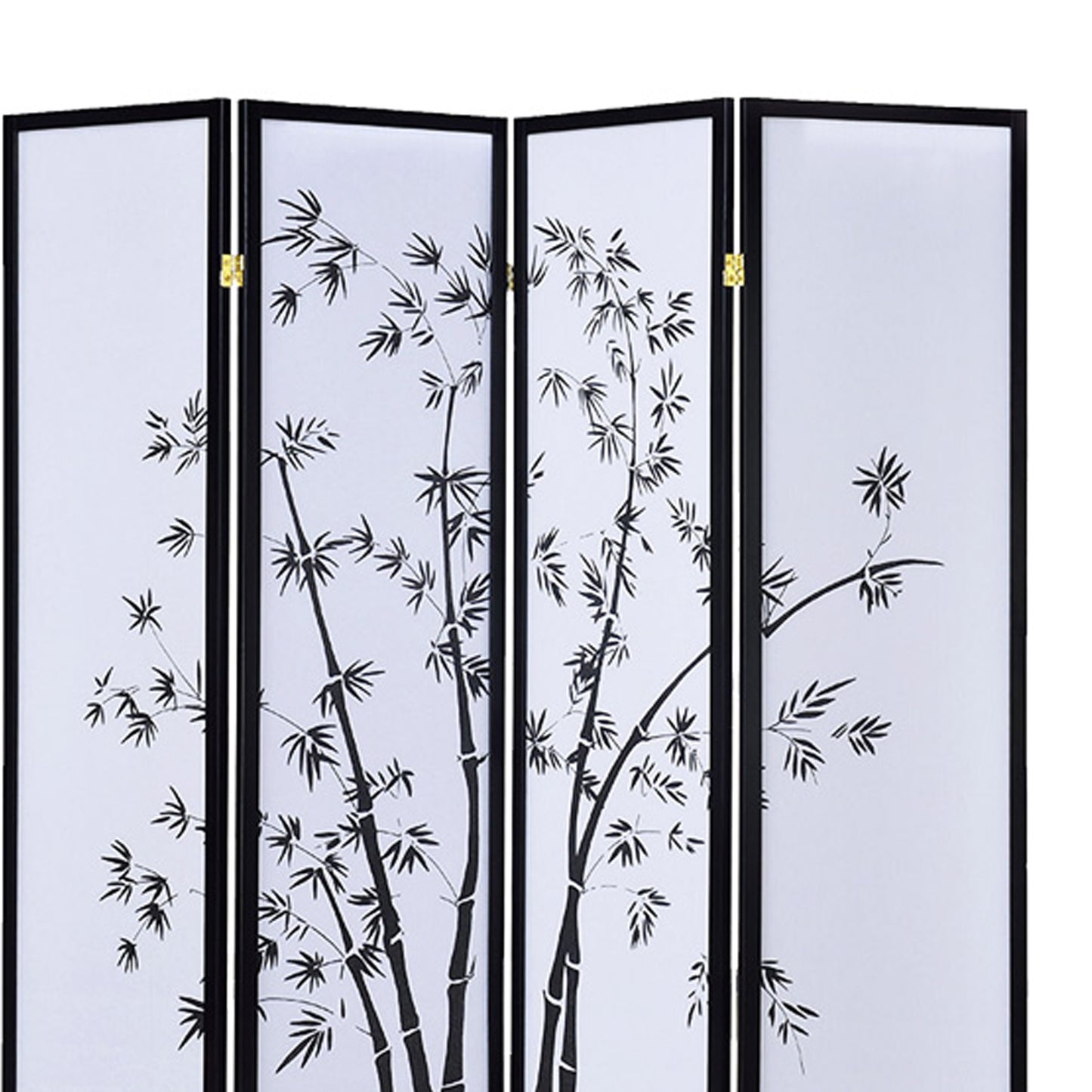 Bamboo Print 4 Panel Wooden Room Divider, Black and White