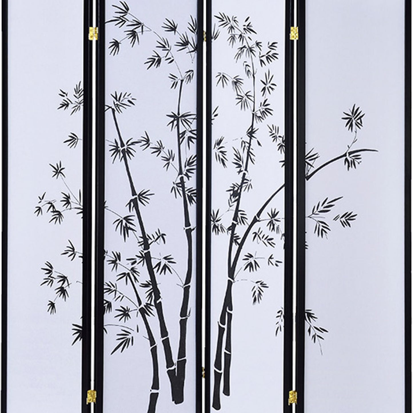 Bamboo Print 4 Panel Wooden Room Divider, Black and White