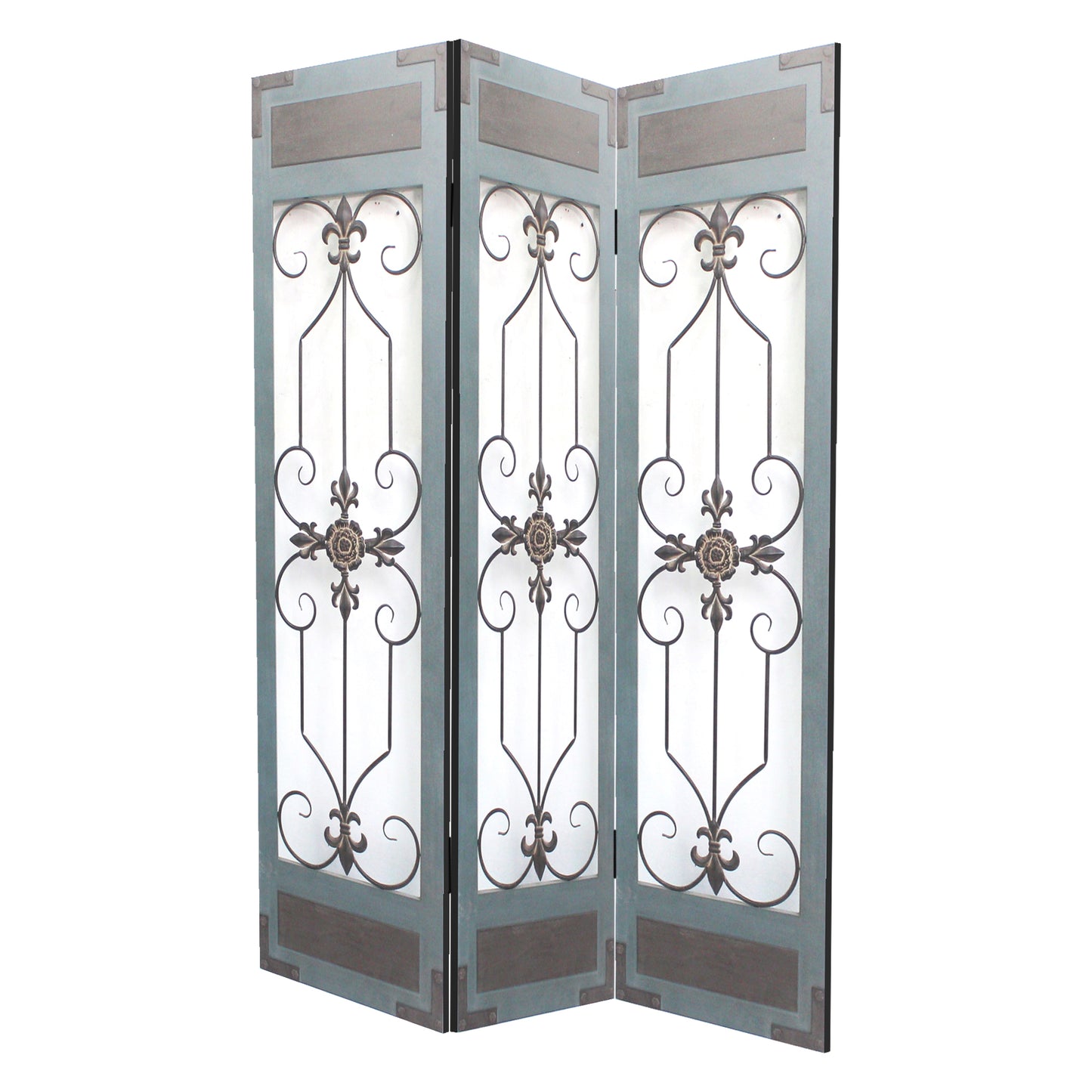 72 Inch 3 Panel Metal Room Divider, Motif Panels, Gray