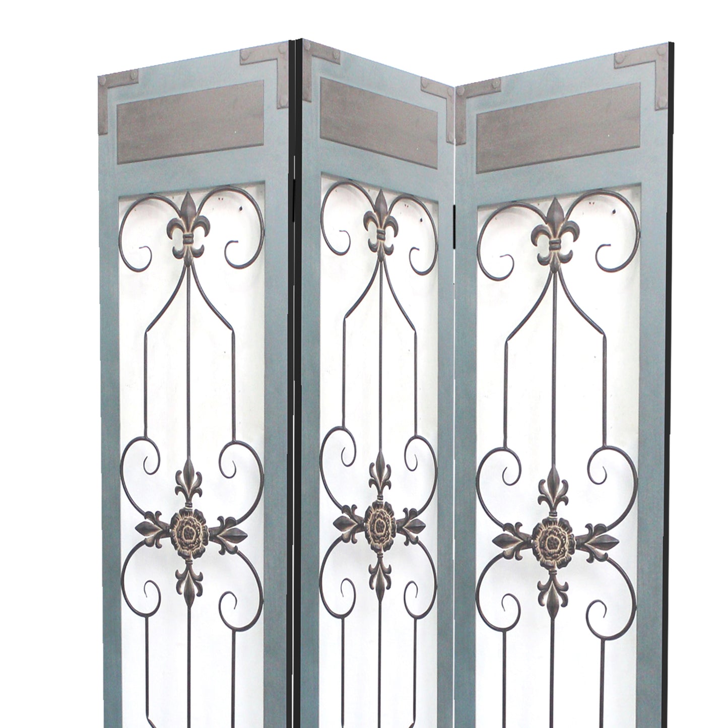 72 Inch 3 Panel Metal Room Divider, Motif Panels, Gray
