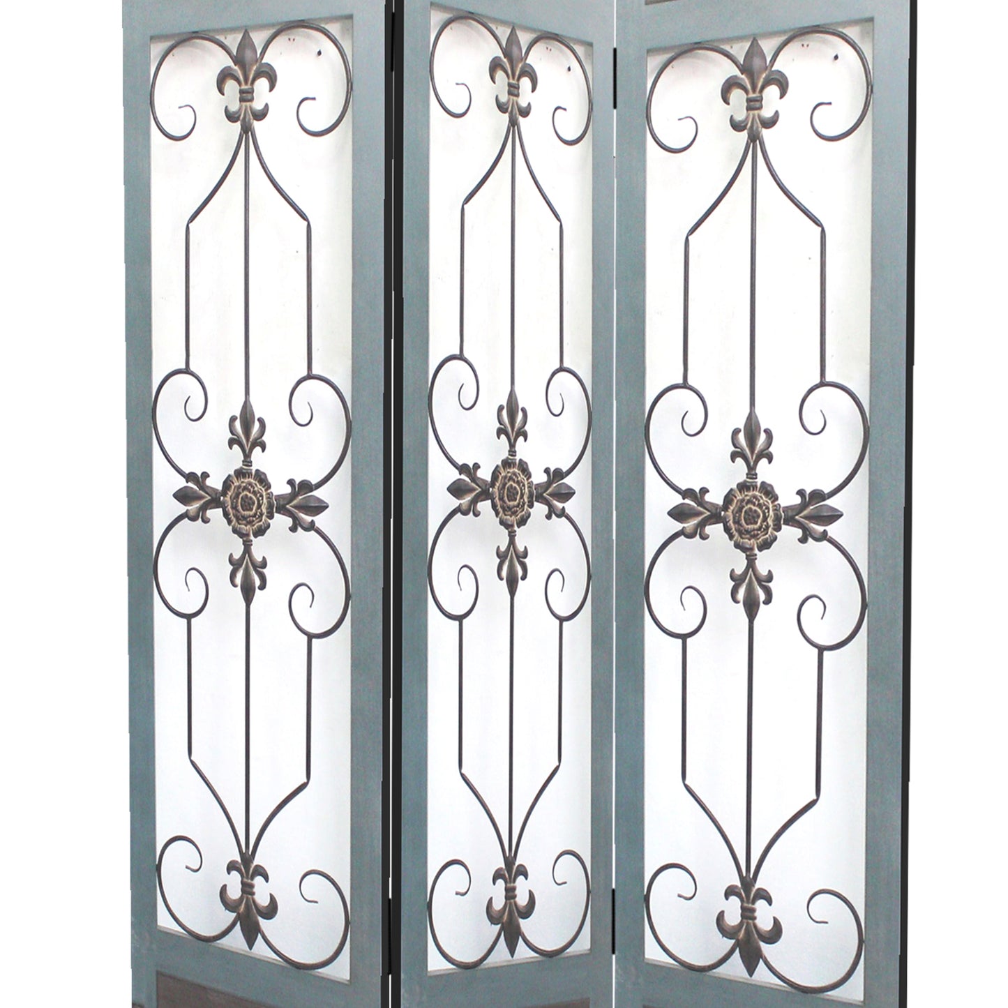 72 Inch 3 Panel Metal Room Divider, Motif Panels, Gray