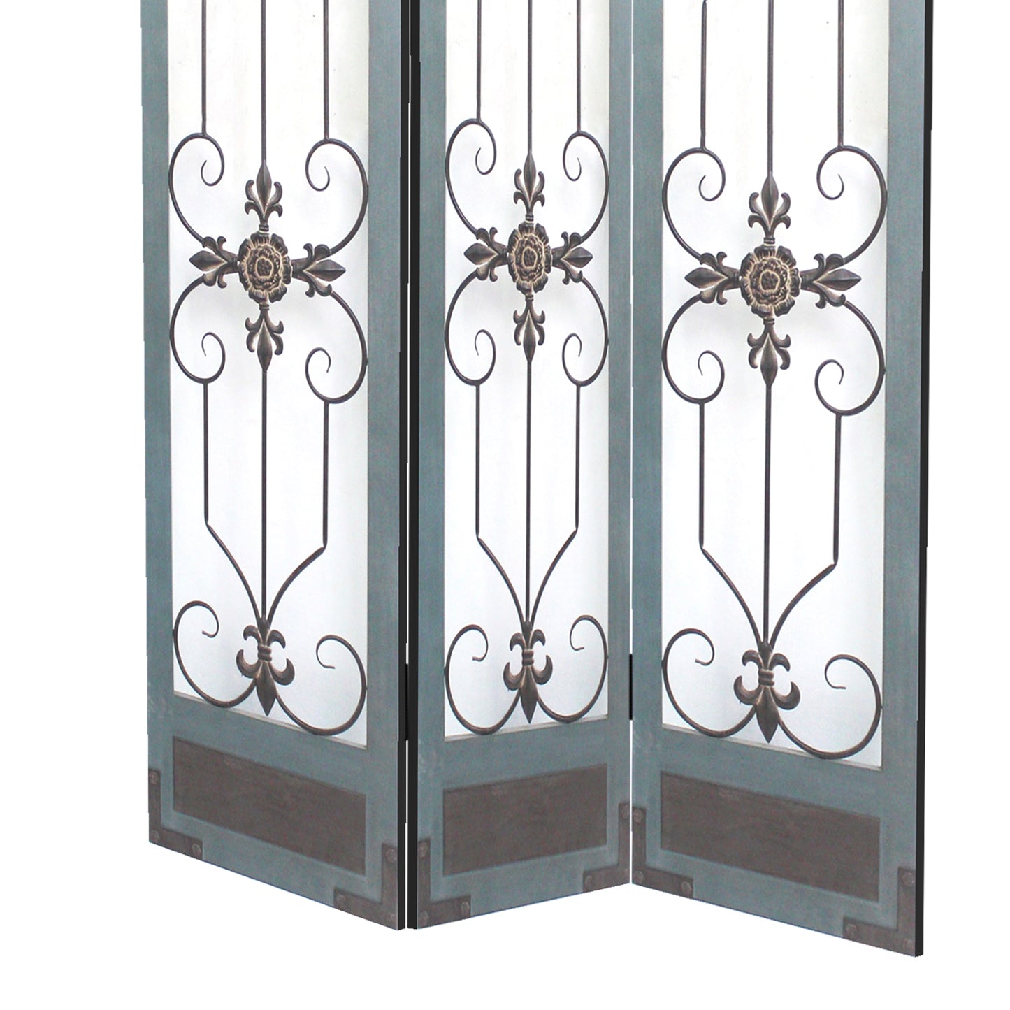 72 Inch 3 Panel Metal Room Divider, Motif Panels, Gray