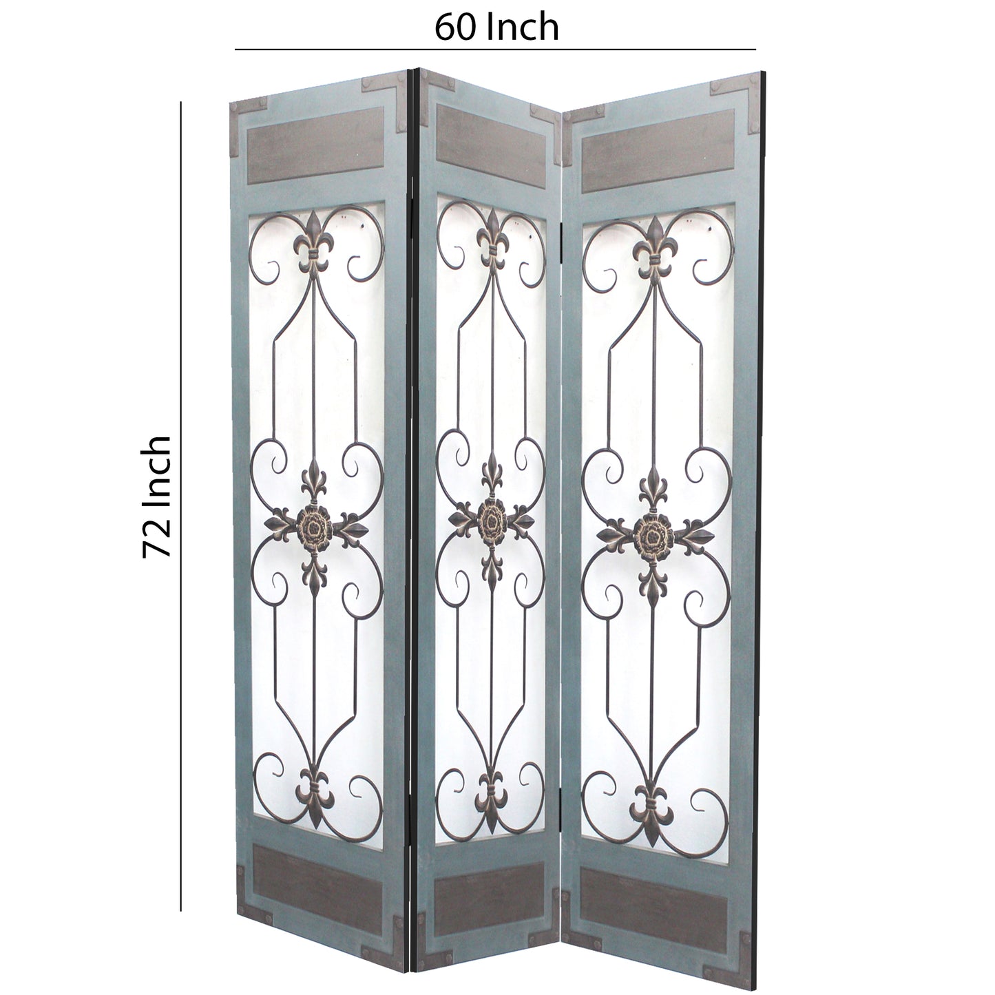 72 Inch 3 Panel Metal Room Divider, Motif Panels, Gray