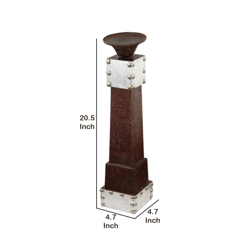 Traditional Style Wooden Candle Holder With Studded Design Brown