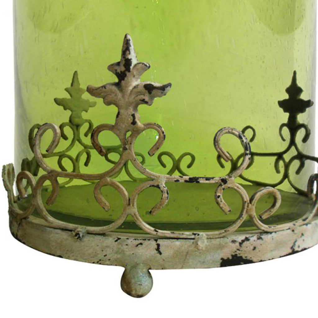 Antique Glass Shade Candle Holder With Metal Base Stand Green