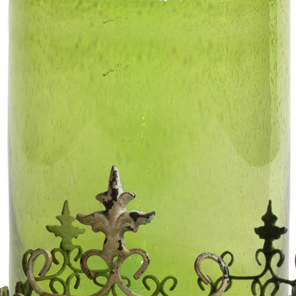 Antique Glass Shade Candle Holder With Metal Base Stand Green