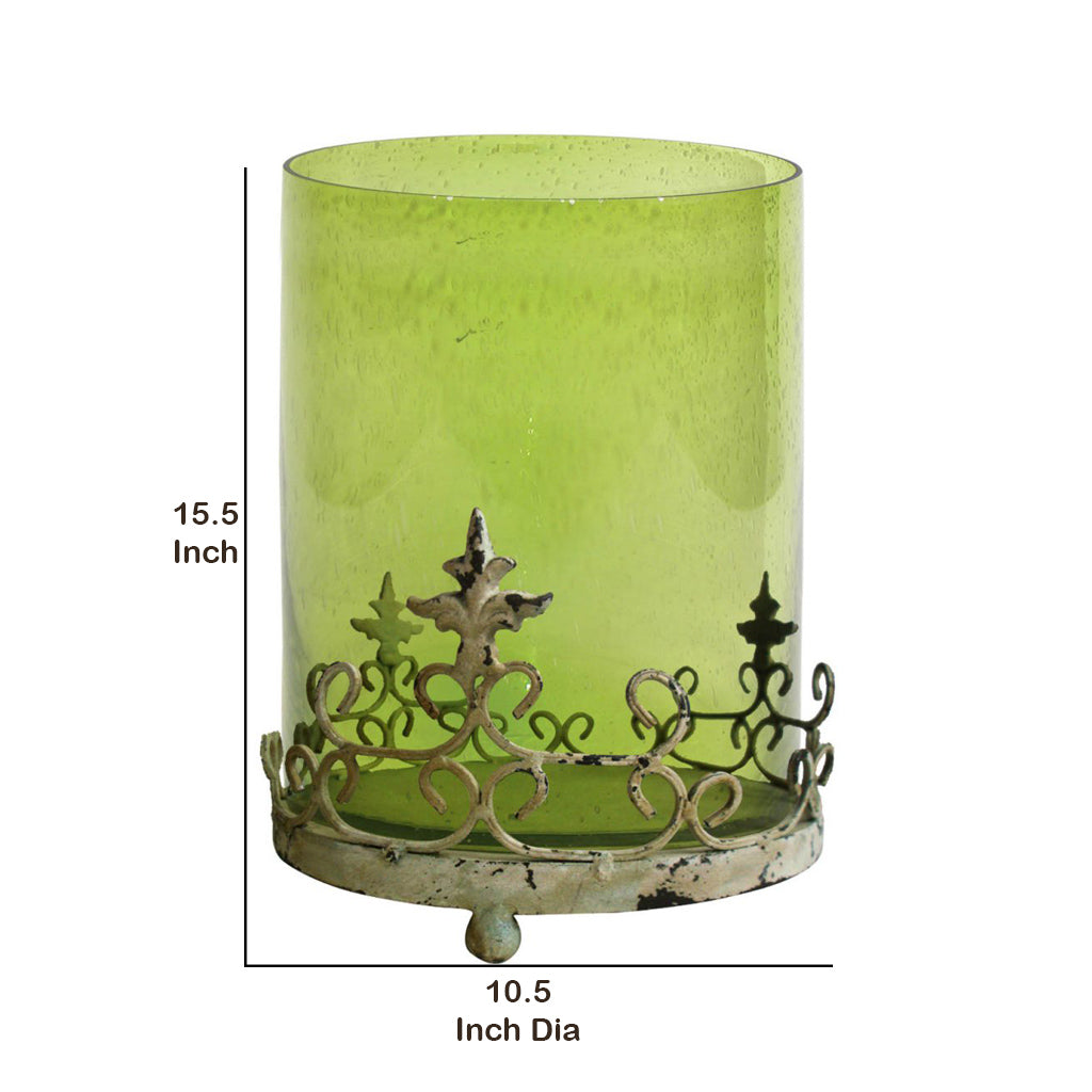 Antique Glass Shade Candle Holder With Metal Base Stand Green