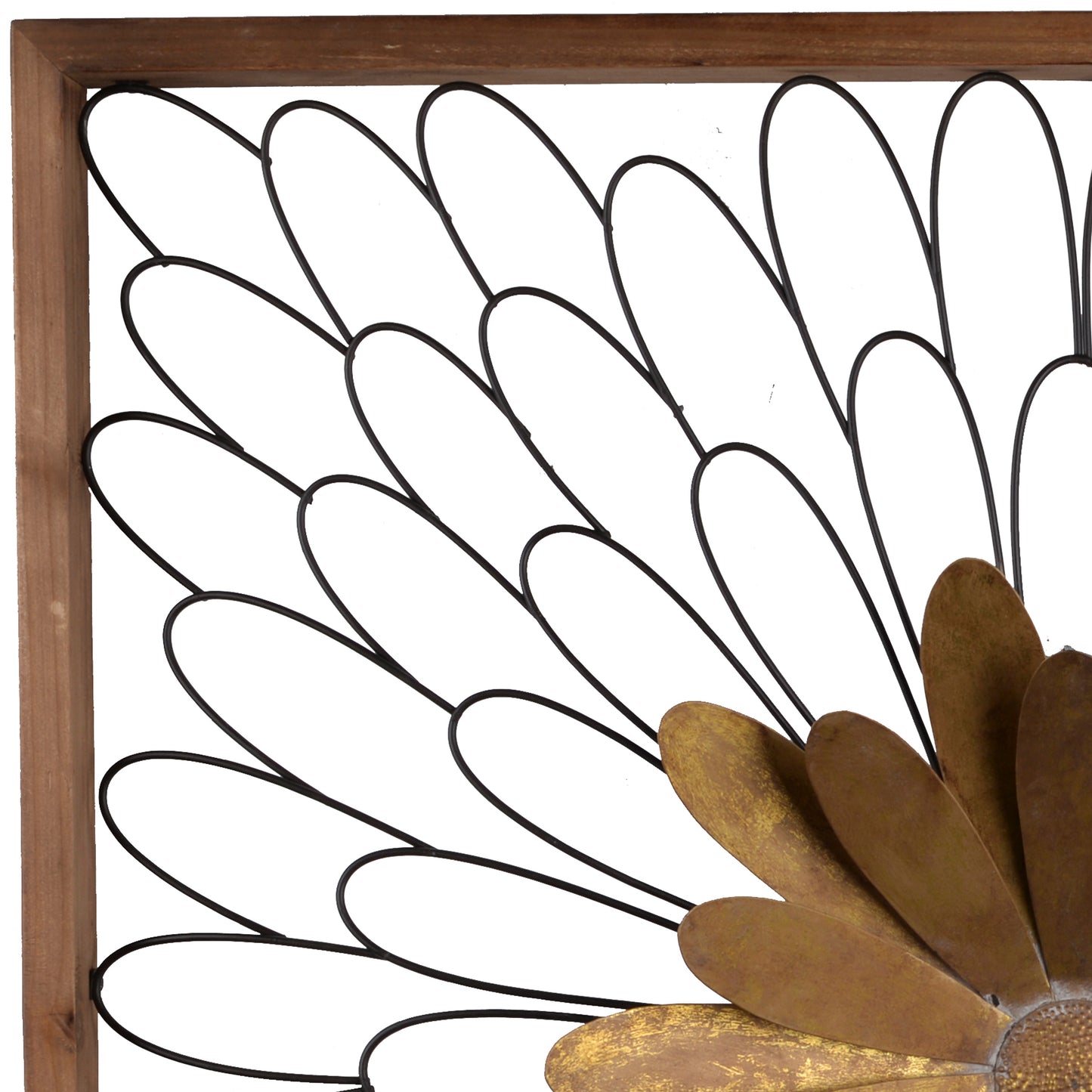 Metal Wall Decor With Wooden Frame And Leafy Flower Bronze