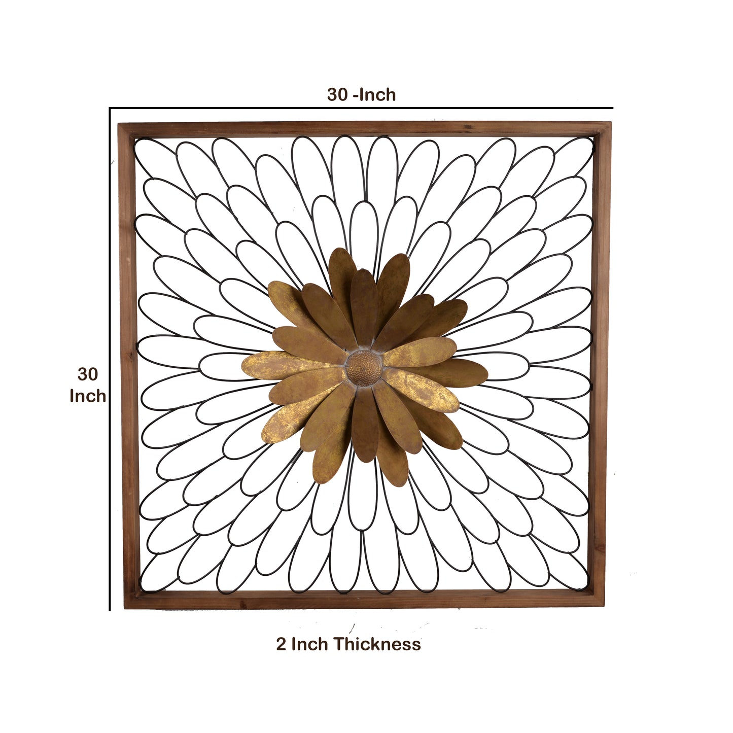 Metal Wall Decor With Wooden Frame And Leafy Flower Bronze
