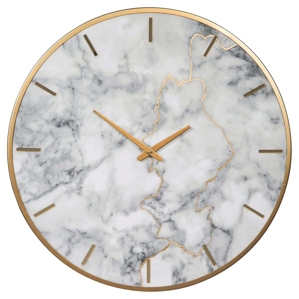 Round Metal Wall Clock With Faux Marble Background Gold And White