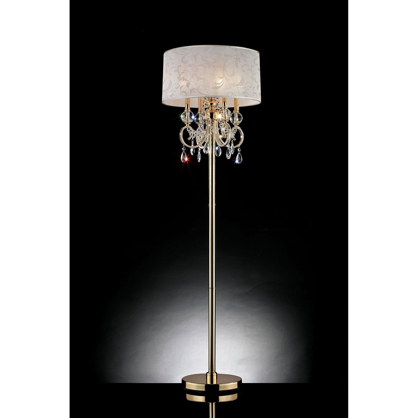 Chandelier Floor Lamp With Hanging Crystals And Floral Pattern Shade Gold
