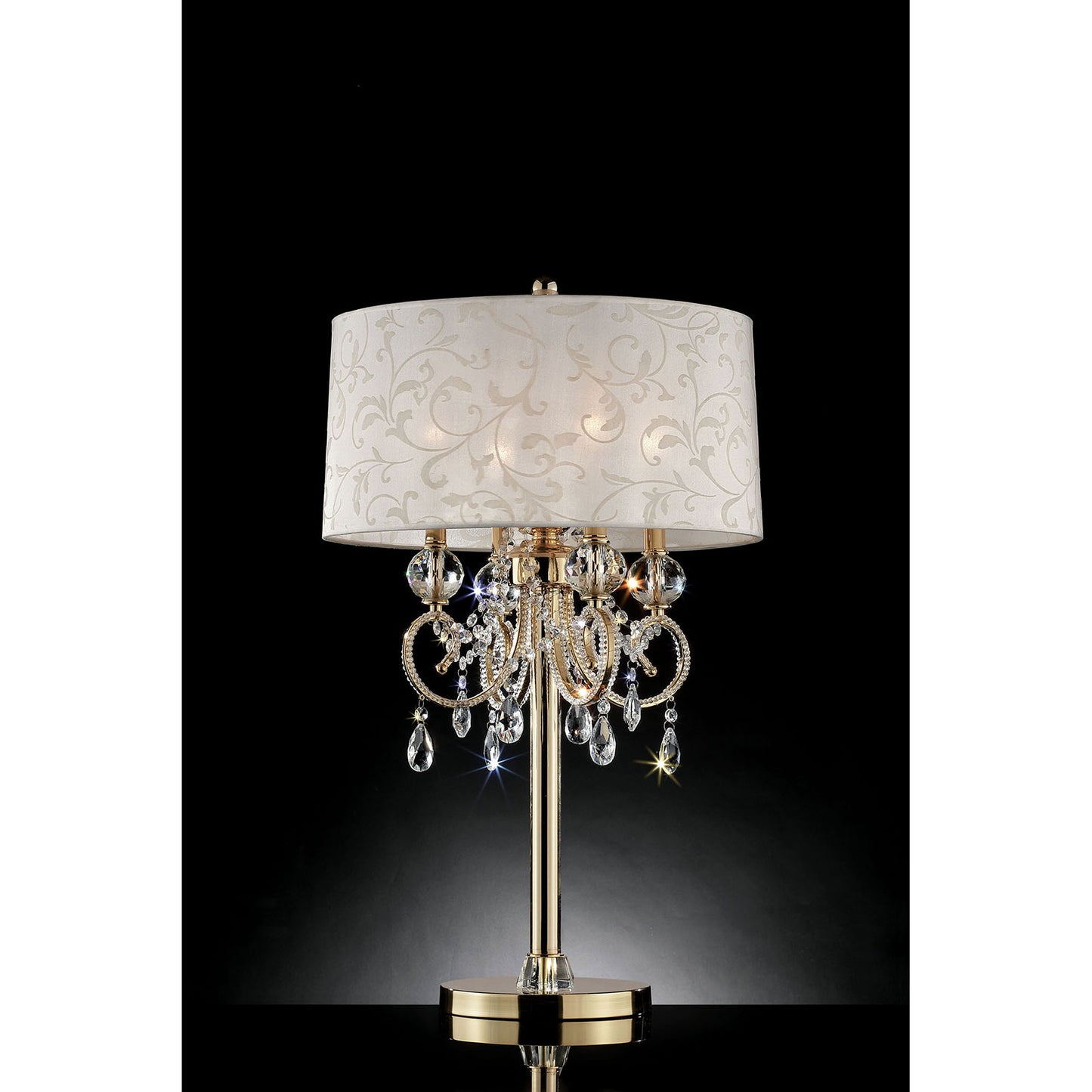 Chandelier Table Lamp with Hanging Crystals and Floral Pattern Shade Gold