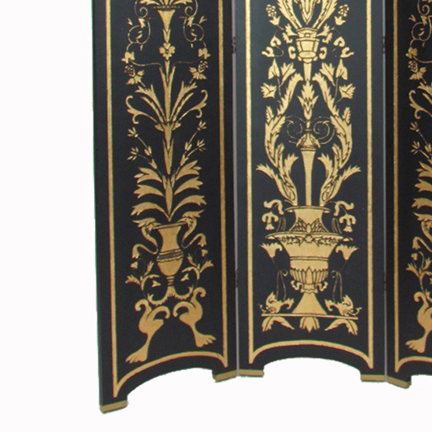 Foldable 3 Panel Room Divider with Traditional Print,Black and Gold