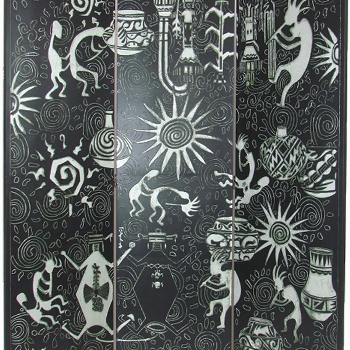 Foldable 3 Panel Room Divider with Tribal Print, Black and Silver