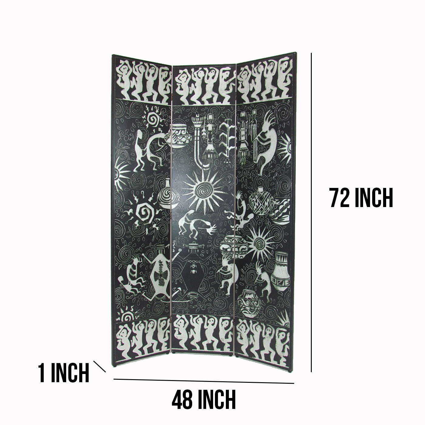 Foldable 3 Panel Room Divider with Tribal Print, Black and Silver
