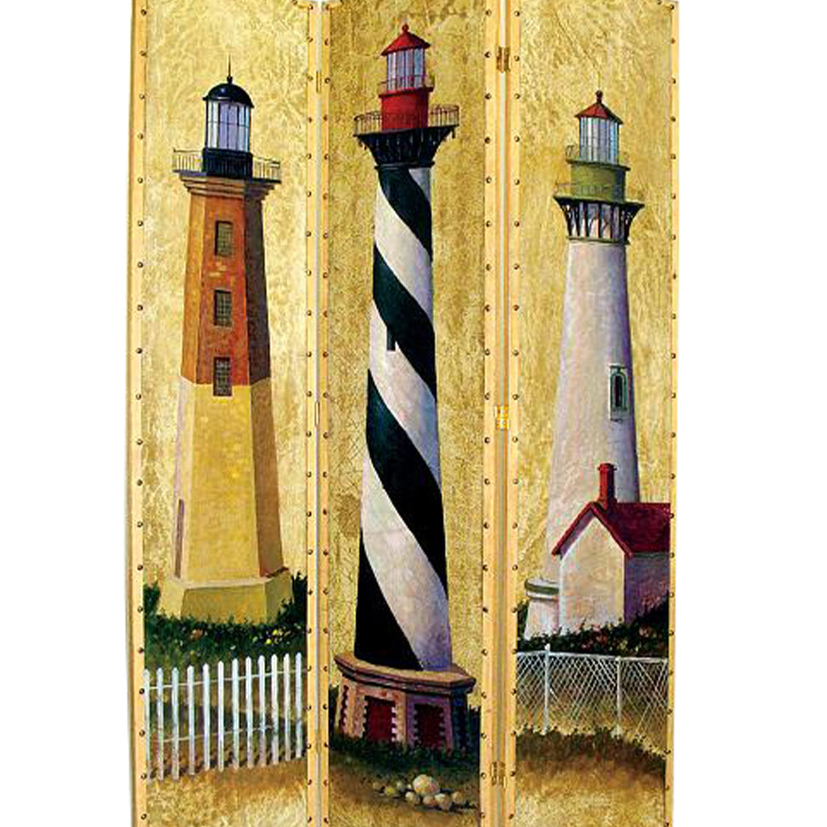 Hand Painted 3 Panel Wooden Room Divider with Lighthouses Print, Multicolor