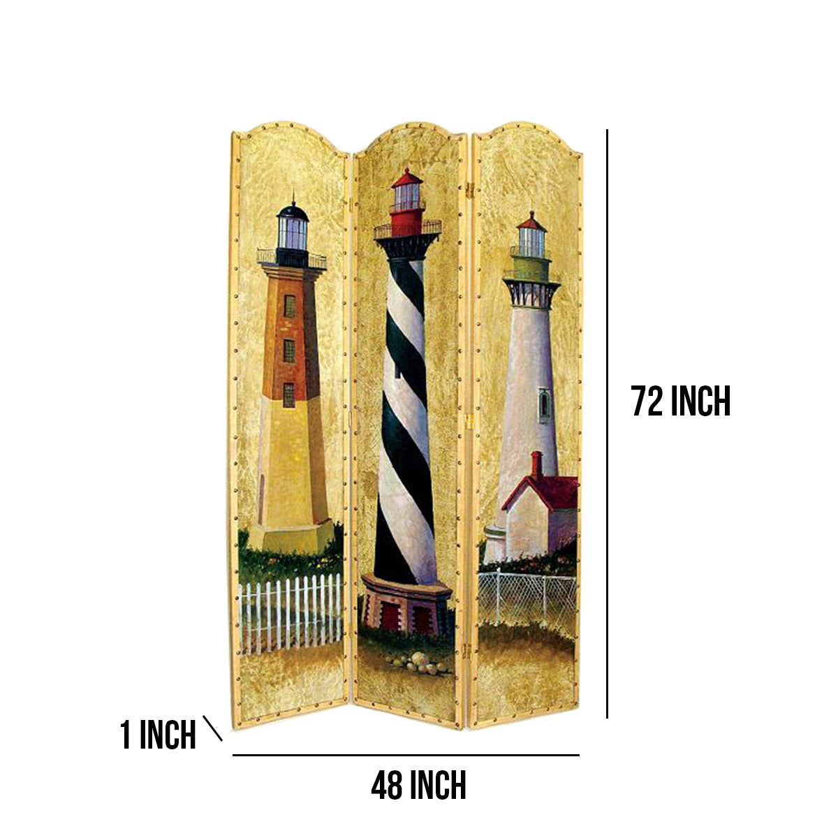 Hand Painted 3 Panel Wooden Room Divider with Lighthouses Print, Multicolor