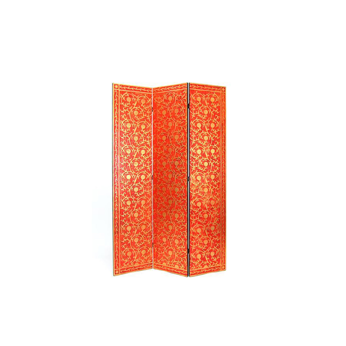 3 Panel Foldable Wooden Room Divider with Vine Print, Red and Gold