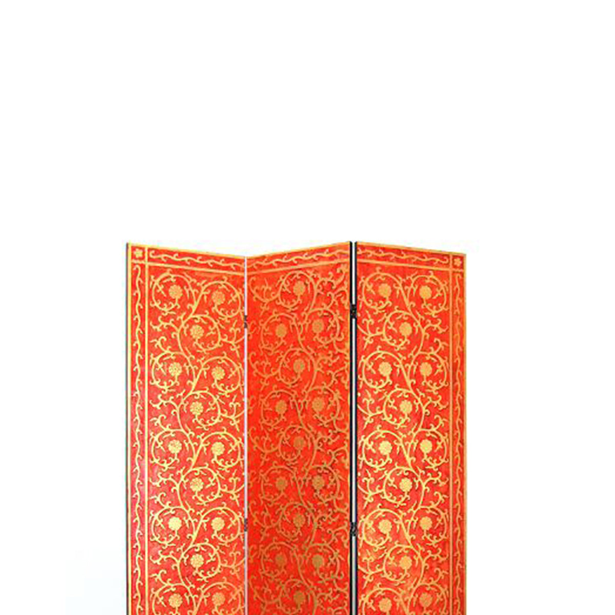 3 Panel Foldable Wooden Room Divider with Vine Print, Red and Gold
