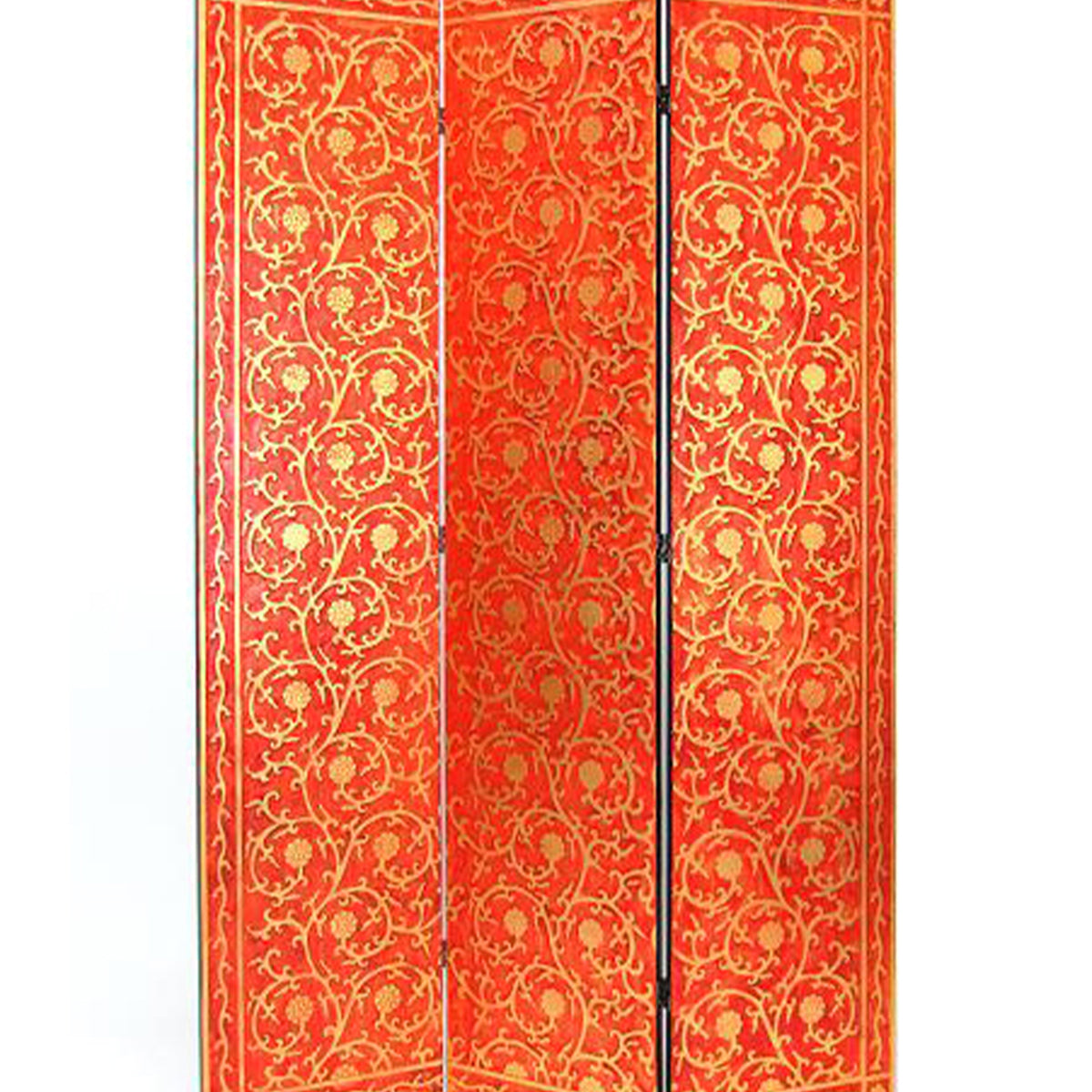 3 Panel Foldable Wooden Room Divider with Vine Print, Red and Gold