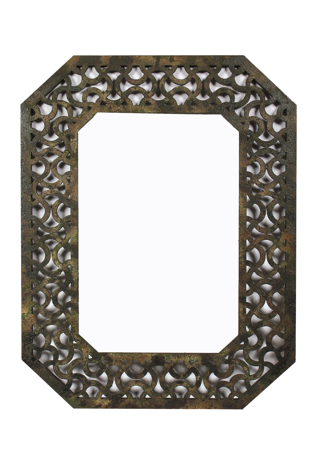 Octagonal Wooden Mirror With Distressed Finish And Bezel Pattern Bronze