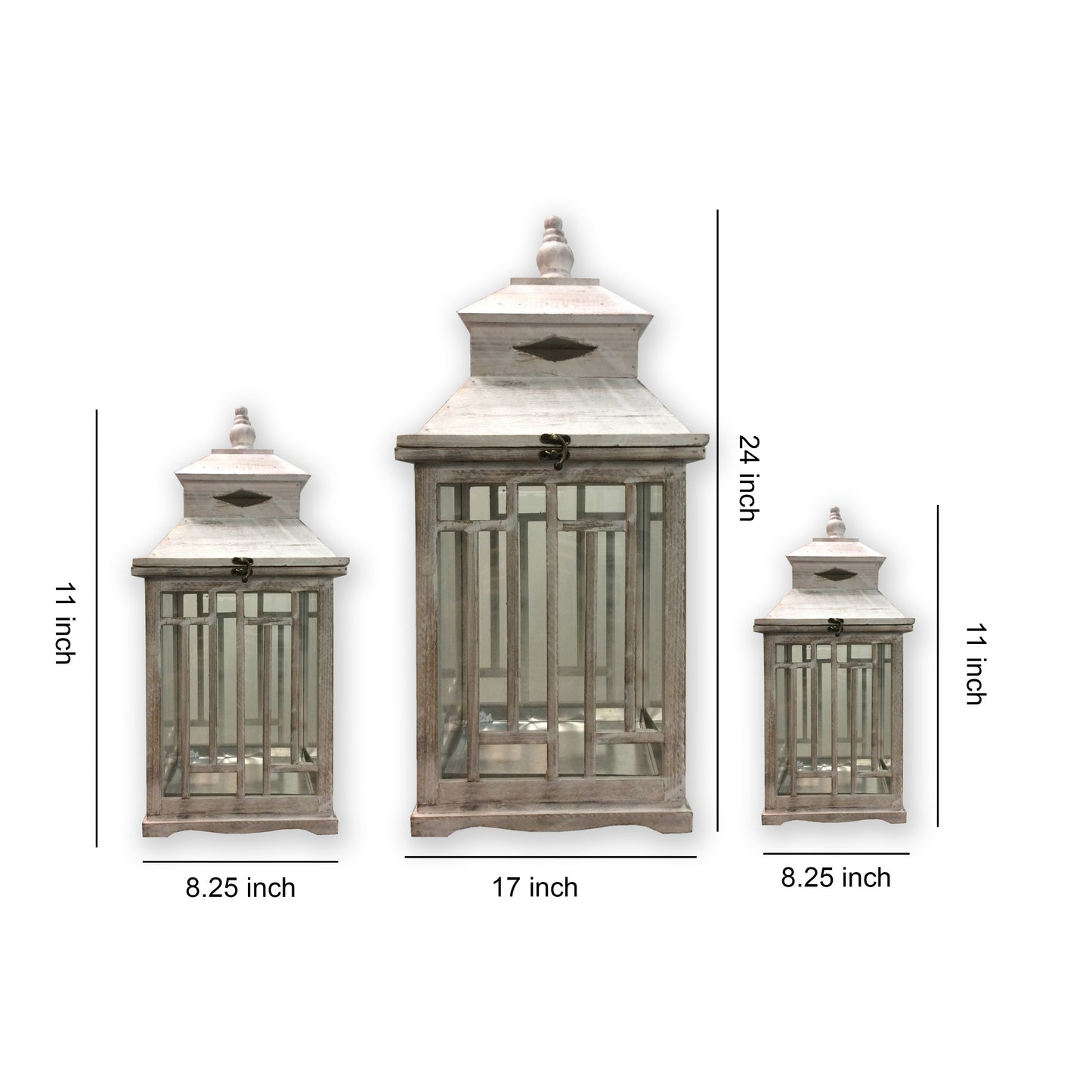 Wooden Lanterns With Peak Shaped Top And Glass Sides Set Of 3 Gray