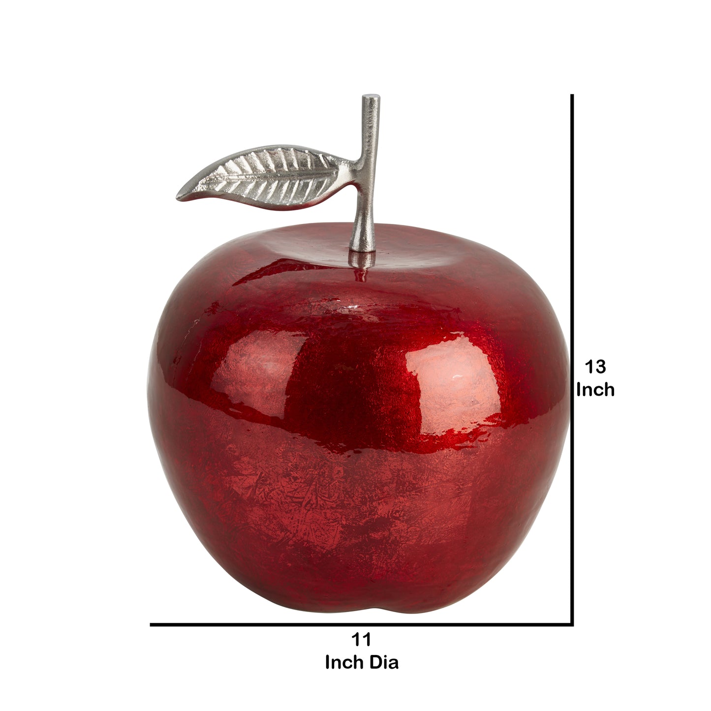 13 Inch Aluminum Apple Accent Decor With Branch And Leaf Red And Silver