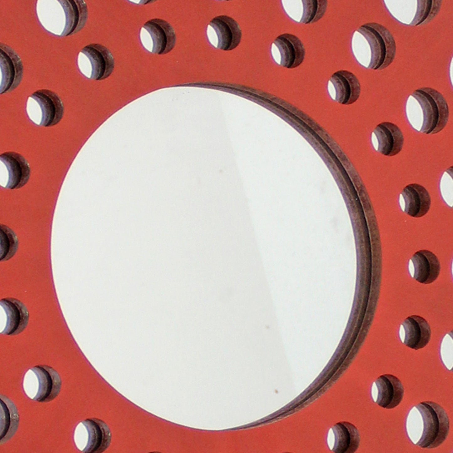 Contemporary Wooden Round Wall Decor With Circle Cut Outs Red And Silver