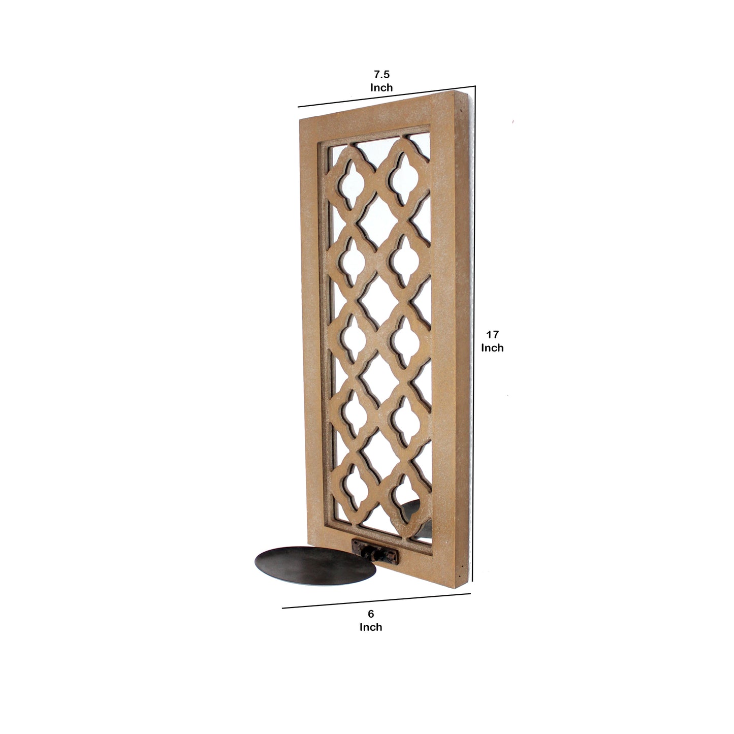 Wooden Rectangular Candle Holder With Quatrefoil Pattern Brown And Silver