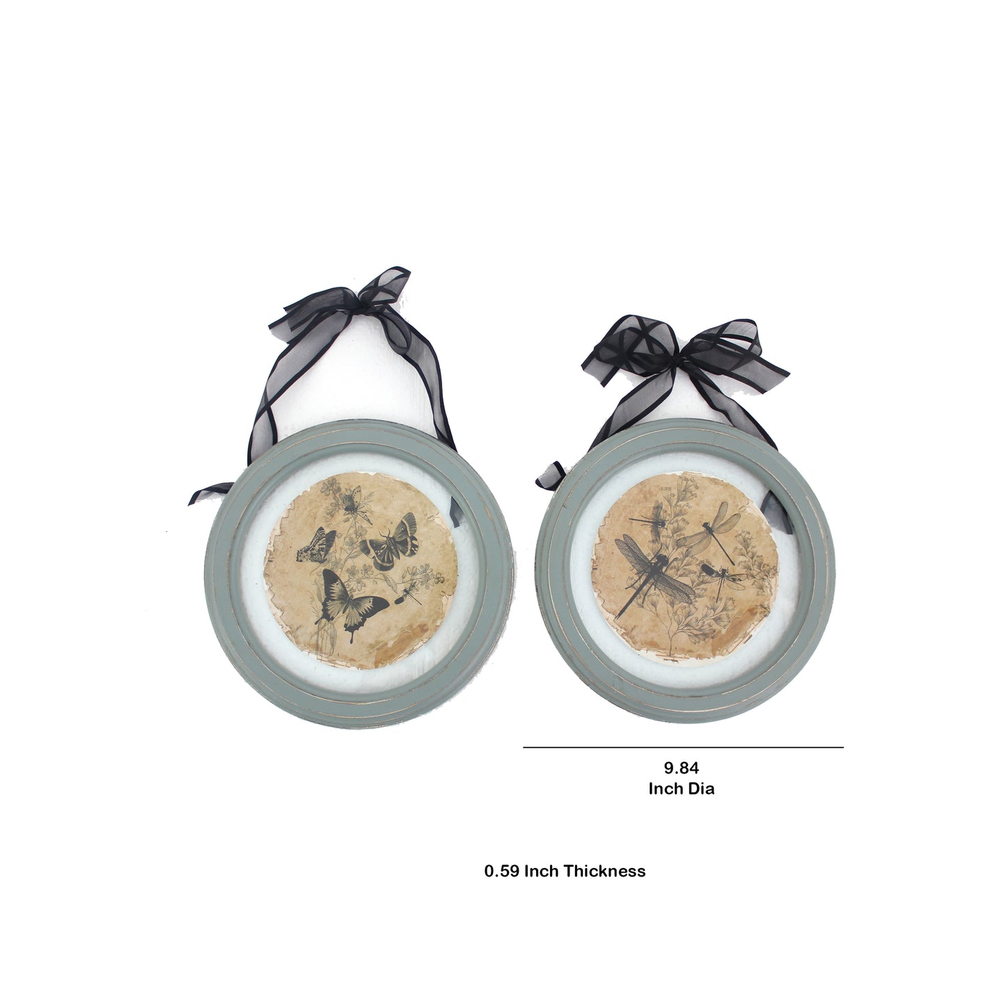 2 Piece Glass Plate Design Wall Decor With Ribbon Hanging Gray And Clear