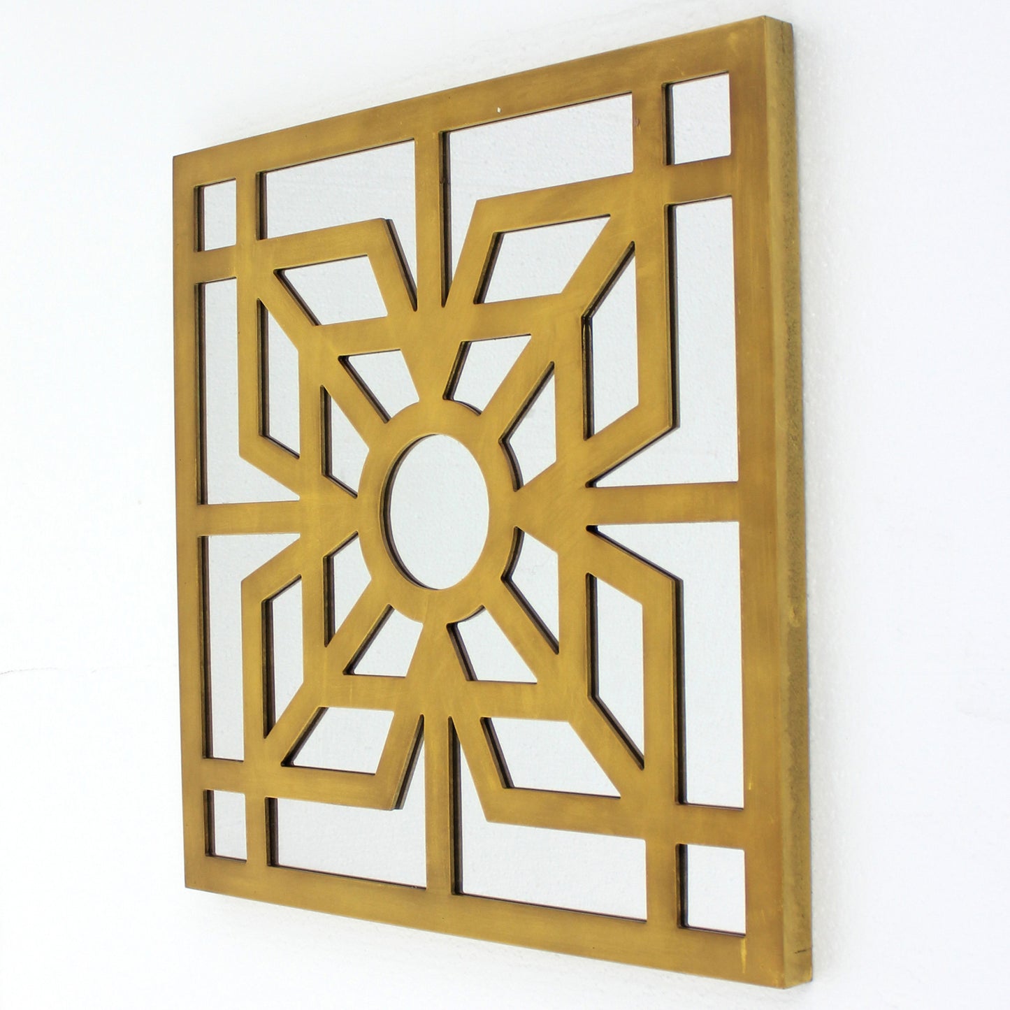 Mirrored Wall Decor With Wooden Floral Overlay On Top Gold And Silver