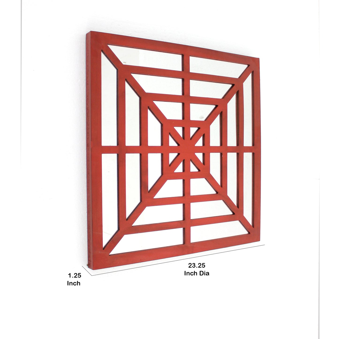 Wooden Wall Decor With Concentric Square Design On Top Red And Silver