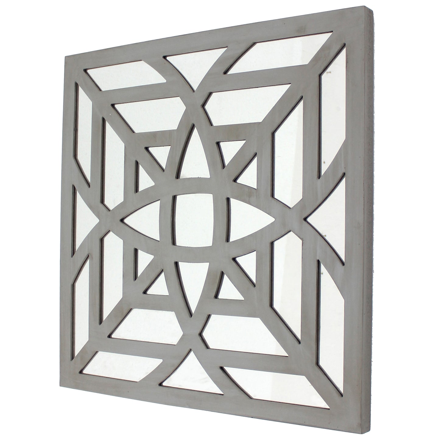 23 X 23 Mirrored Wall Decor With Geometric Wood Cut Out Gray
