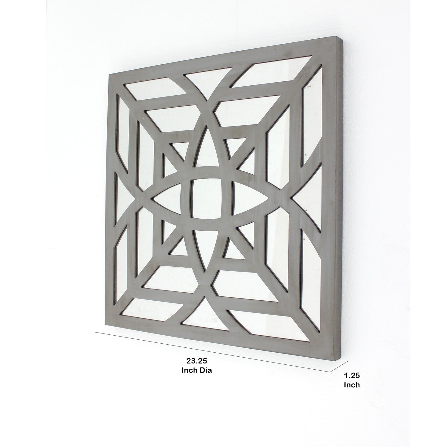 23 X 23 Mirrored Wall Decor With Geometric Wood Cut Out Gray
