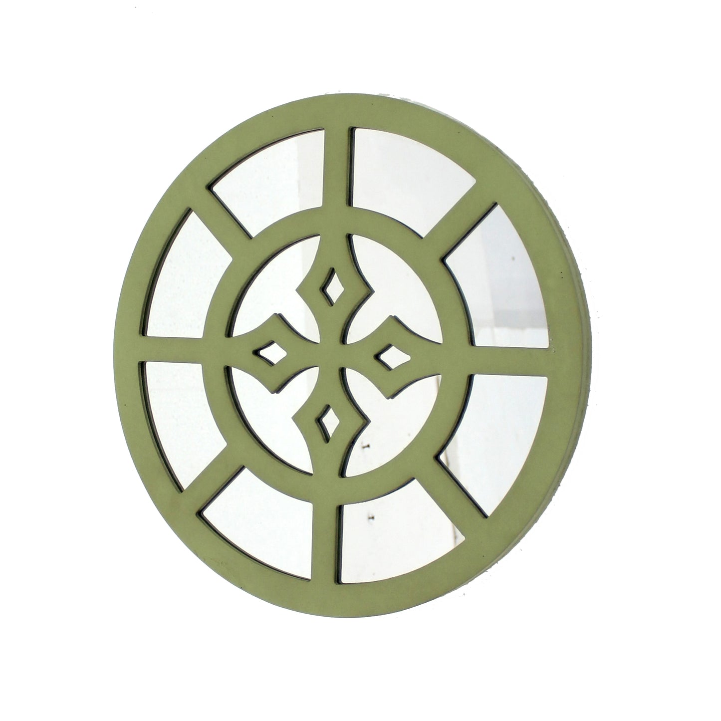 Round Wooden Wall Decor With Minimalist Pattern On Top Green And Silver
